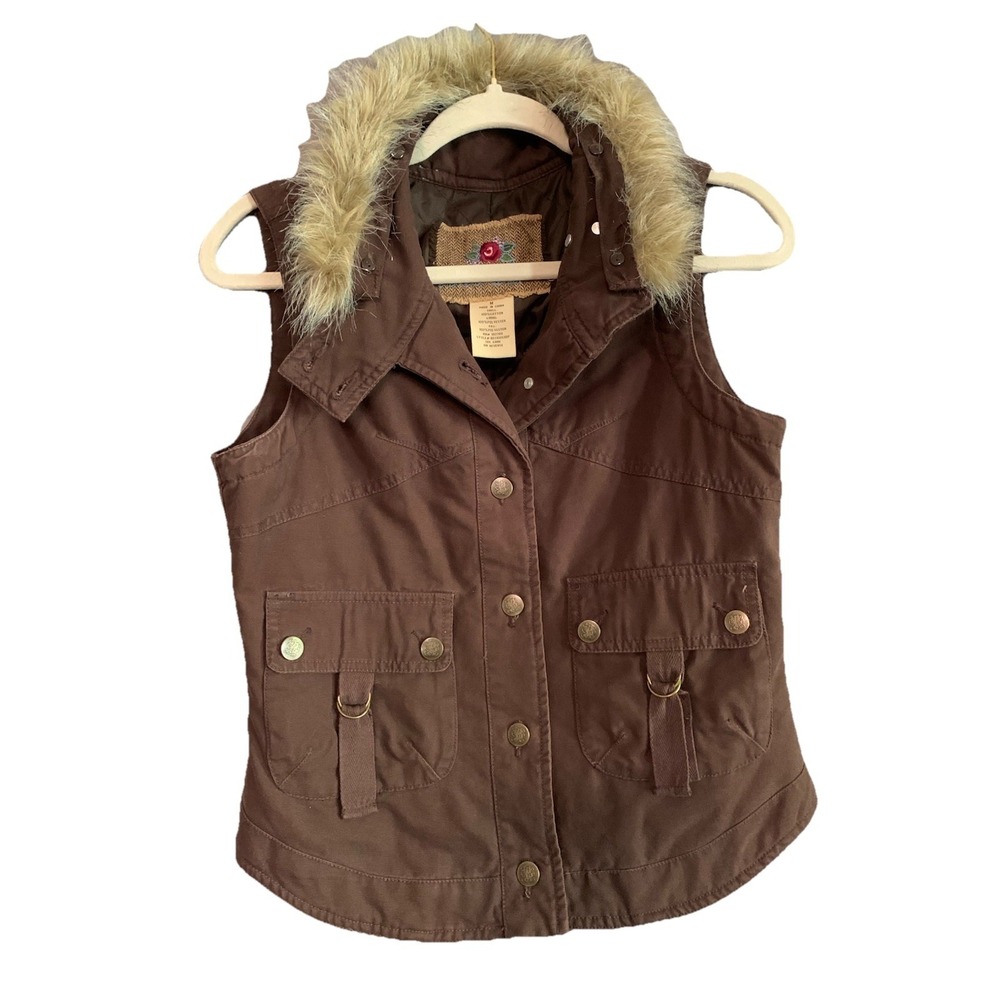 BB Dakota Army Brown Sleeveless Vest Detachable Fur Collar Jacket M Medium